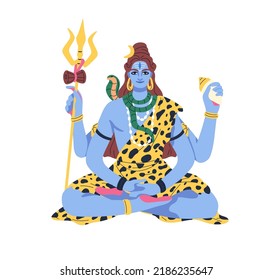 Shiva, señor hindú indio. dios hinduista del yoga, meditación. Divinidad de Shivratri, yogi. La India tiene un carácter divino de deidad con serpiente, tridente. Ilustración vectorial plana aislada en fondo blanco