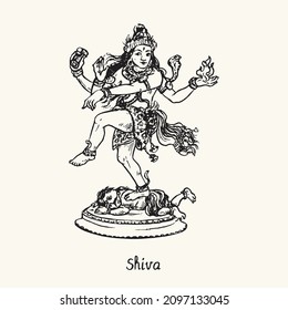 Shiva, the Lord of the Dance. Ink black and white doodle drawing in woodcut style with inscription.