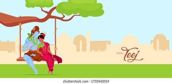Shiva and Parvati flat color vector illustration. Hindu god and goddess sit on traditional swing during day. Folk Nepal legend. Indian deity couple 2D cartoon characters with cityscape on background
