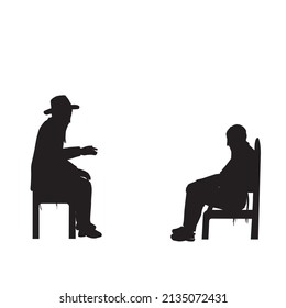 Shiva - Vector Black Silhouettes Of A Jew Sitting On A Low Chair Mourning His Relative. His Shirt Is Torn. In Front Of Him On An Ordinary Chair Sits A Rabbi Who Comforts Him.
An Artistic Painting.