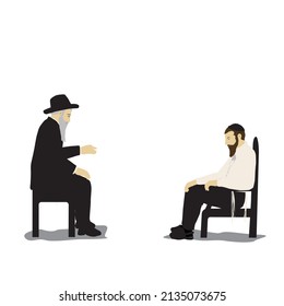 Shiva - Vector Illustration Of A Jew Sitting On A Low Chair Mourning His Relative. His Shirt Is Torn. In Front Of Him On An Ordinary Chair Sits A Rabbi Who Comforts Him.
Flat Colorful Art Painting.