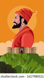 shivaji maharaj and indian maharashtra fort vector illustration