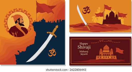 Conjunto de bandeiras de vetor Shivaji Maharaj Jayanti - Retrato, Forte e Saffron Ilustrações para saudações