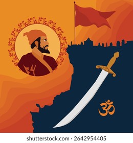 Bandeira Shivaji Maharaj Jayanti Vetor - Retrato, Forte e Saffron Ilustrações Bandeira para saudações