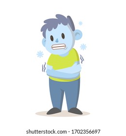 Shivering boy feeling cold, freezing temperature, cold weather. Cartoon character design. Colorful flat vector illustration, isolated on white background.