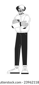 Shivering from cold weather black and white cartoon flat illustration. Latino man shaking uncontrollably 2D lineart character isolated. Having chills in winter monochrome scene vector outline image