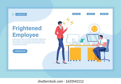 Shivering Employee, Feeling Helpless in Front Exacting Boss. Super Professional but Extremely Hard to Please Woman Supervisor, Lecturing Everyone in Office at Any Occasion. Landing Page. Copy Space.