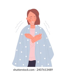 Shivering girl with blanket. Young lady suffering from hypothermia, feeling cold temperature cartoon vector illustration