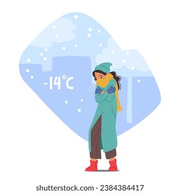 Shivering In Her Coat, Little Girl Clutched Her Arms, Feeling The Biting Cold Pierce Through. Freezing Child Character Walking at City Street Bundled Up in Clothes. Cartoon People Vector Illustration