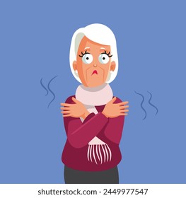 
Shivering Old Lady Feeling Cold Vector Cartoon Character. Sad granny freezing unhappy with the low temperature
