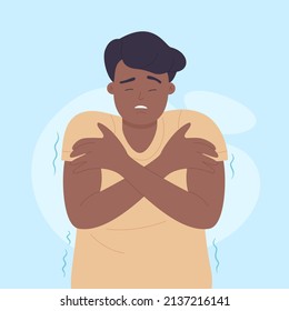 Shivering sad boy feeling cold. Sick teenager trembling and having pain flat cartoon vector illustration