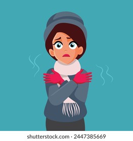 
Shivering Woman Freezing During Winter Season Vector Illustration. Unhappy lady disliking bad freezing season trembling having the chills
