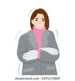 Shivering Woman in a Winter Coat and gloves, hugging herself and trembling from the cold. Flat vector illustration isolated on white background