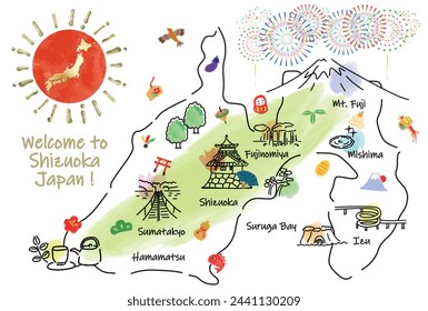 SHIZUOKA Japan travel map with landmarks and attractions. Hand drawn vector illustration.