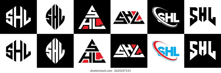SHL letter logo design in six style. SHL polygon, circle, triangle, hexagon, flat and simple style with black and white color variation letter logo set in one artboard. SHL minimalist and classic logo