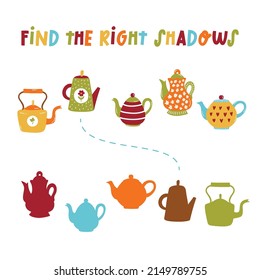 Shoadow game with cute childlike drawn teapots colorful vector quiz