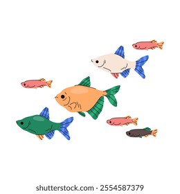 Shoal of fish or group of underwater fauna. Vector illustration of ocean or sea animal swimming in coordination in water. Marine wildlife with fin forming school. Aquatic migration or flow. Nautical