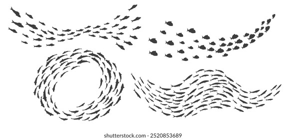 Shoal of fish icon set. Sea fish groups in the underwater isolated vector illustration