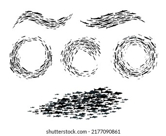 Shoal And Fish School Silhouette, Sea Fishes Group In Ocean Or Marine Water, Isolated Vector. Fish School Of Herring, Salmon Or Tuna Swimming In Deep Ocean In Round Or Wave Shoal Frames