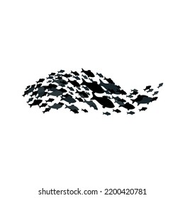 Shoal and fish school silhouette. Vector group sea shoal small fishes swimming, shoaling and schooling. Underwater ecosystem deep marine animals, ocean tuna