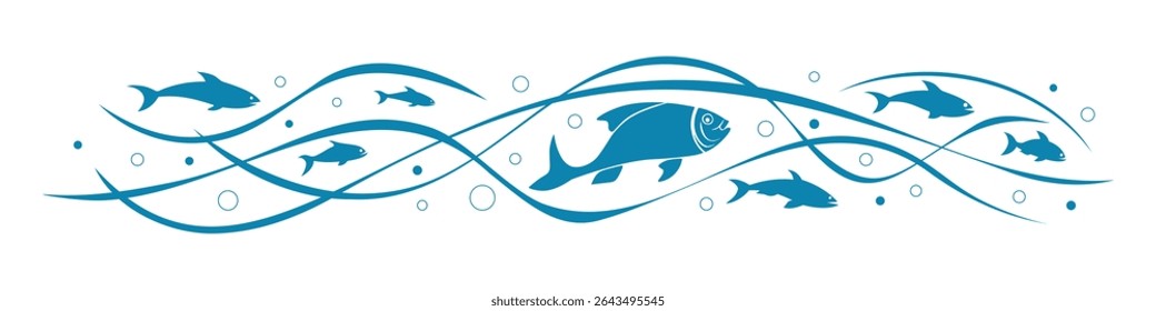 Shoal of fish, sea wave, stylized vector illustration, isolated on white background