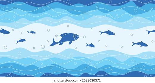 Shoal of fish, sea waves, seamless pattern, vector cartoon