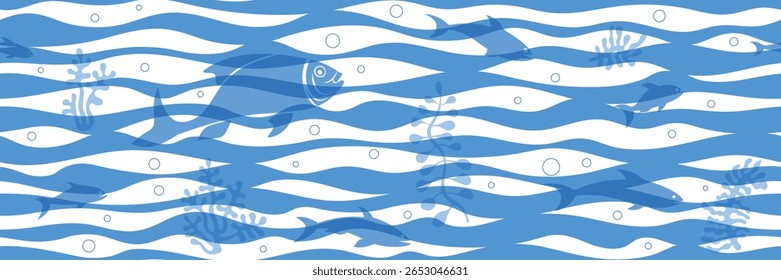 Shoal of fish, sea waves, seamless pattern, vector cartoon