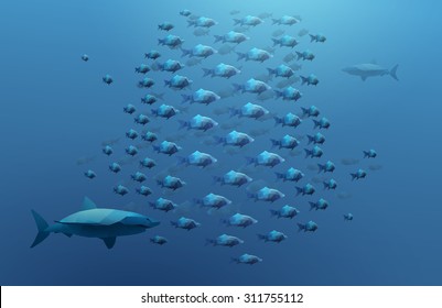 shoal of fish and sharks, polygon illustration