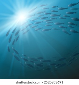 Shoal of fish swimming underwater. Circle of fishes in the sea vector illustration