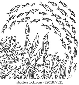 Shoal of fishes and underwater plants on white background. Coloring book page