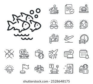 Schild der Kiementiere. Symbole für Flugzeuge, Reisepläne und Gepäckansprüche. Symbol für Angelschüler. Herde des Lachssymbols. Fischschulschild. Autovermietung, Taxi-Transport-Symbol. Vektorgrafik