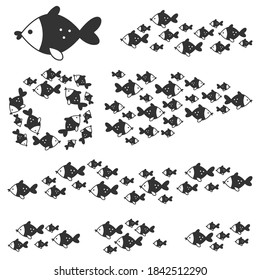 Shoal and school of fish black silhouettes vector cartoon set isolated on a white background.