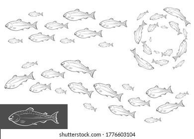 Shoal And School Of Salmon Fish Vector Black Silhouettes Set Isolated On A White Background.