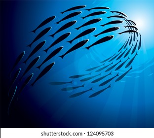 Shoal of sea fish swimming in group underwater in the ocean. Vector image, uses radial gradients and transparency.