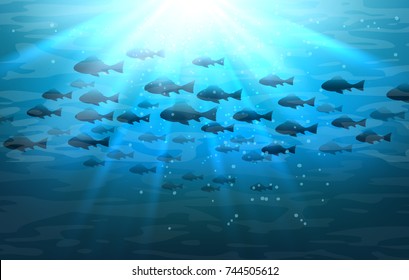 Shoal of sea fish. Swimming pisces in blue deep ocean water vector illustration
