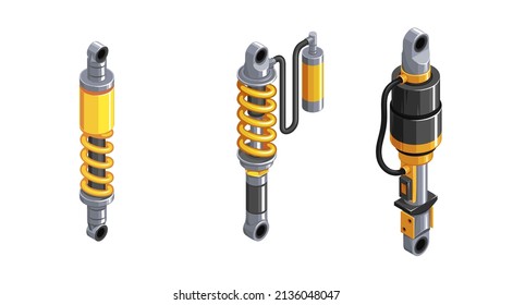 Shock absorber for the car. Racing  absorber in isometrics. 3d icon of a shock absorber. Set of shock absorber cliparts on white background. Shock absorbers of different modifications. Vector 