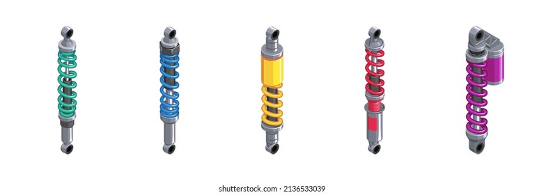 Shock absorber for the car. Racing absorber in isometrics. 3d icon of a shock absorber. Set of shock absorber cliparts on white background. Shock absorbers of different modifications. Vector 
