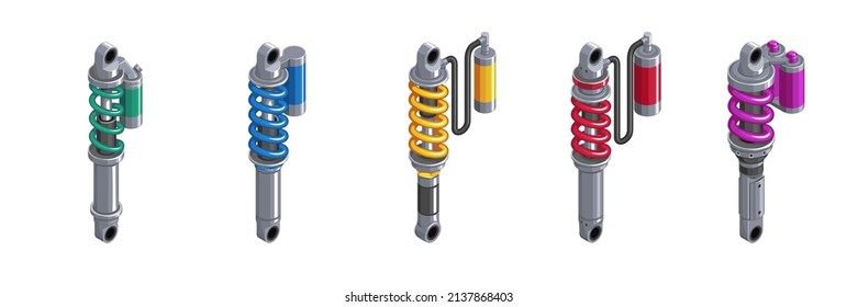 Shock absorber for the car. Racing  absorber in isometrics. 3d icon of a shock absorber. Set of shock absorber cliparts on white background. Shock absorbers of different modifications. Vector 