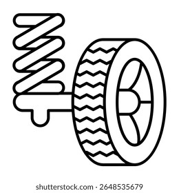 Shock absorber with car wheel thin line icon, tires fitting concept. Vector graphics. Absorber balancing, car service sign on white background, style mobile or design