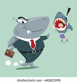 Shock businesswoman shark costume to face real shark businessman, vector illustration cartoon