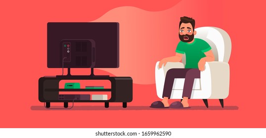 Shock Content, Fake News, Lies Or Gossip On Television. Astonished Man Watching Tv. The Emotion Of Surprise. Vector Illustration In Cartoon Style