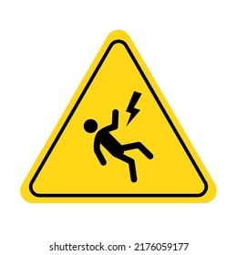 Shock danger icon. Voltage shock caution sign with electric lightning pictogram man. Warning, danger, yellow triangle sign. Vector illustration.