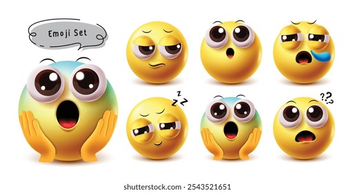 Conjunto de caracteres de vetor emoticon emoji de choque. Ícone amarelo Emojis 3d personagem de choque com surpresa, triste, espirrando, sonolento, chocado e pensando expressões faciais isoladas em fundo branco. Vetor