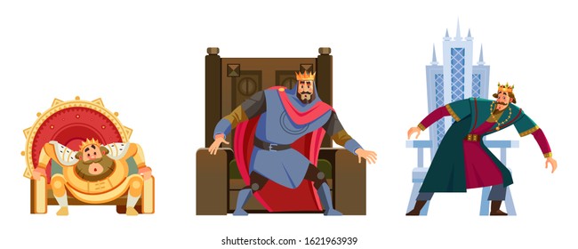 Shock emotions fear horror depression stress, kings characters are afraid of something and frightened. Set different medieval kings. Cartoon design vector illustration isolated background.