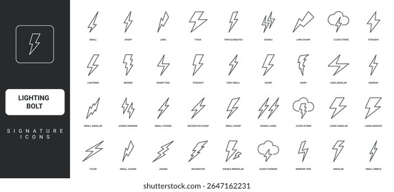 Shock flash charge, electric battery sign, thunderbolt thin black outline symbols vector illustration. Lightning bolts of different shapes, energy and power, thunder stroke line icon set.