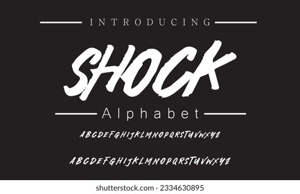 Shock Lettering font isolated on black background. Texture alphabet in street art and graffiti style. Grunge and dirty effect.  Vector brush letters.