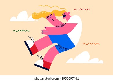 Schock Panik und Überraschungskonzept. Junge frustrierte Frau Cartoon-Charakter fliegen in Luft aus dem Boden schreiend und Gefühl Panik oder Schock Vektorgrafik 