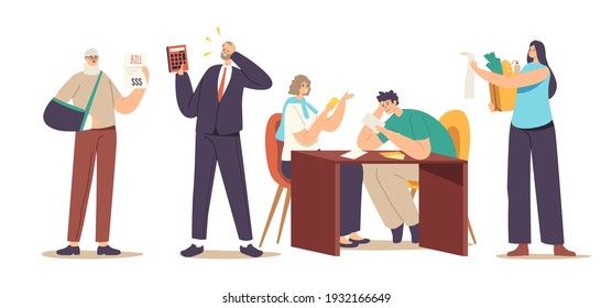 Shock Price Concept. Dissatisfied Characters Shocked with Service High Cost. Upset People Look on Bill Surprised with Medicine or Grocery Expenses, Astonished, Mad Emotion. Cartoon Vector Illustration