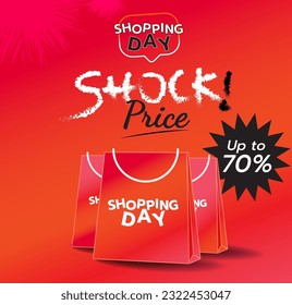 Precio de shock Hasta un 70% de descuento, vector de anuncios de banner, revista, afiche, día de compras, venta online.