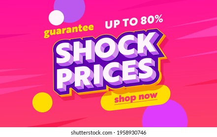 Shock Prices Sale Advertising Banner with Typography. Pink Background with Colorful Circles. Design for Shopping Discount, Social Media Promo Content Ad, Poster, Flyer Template. Vector Illustration